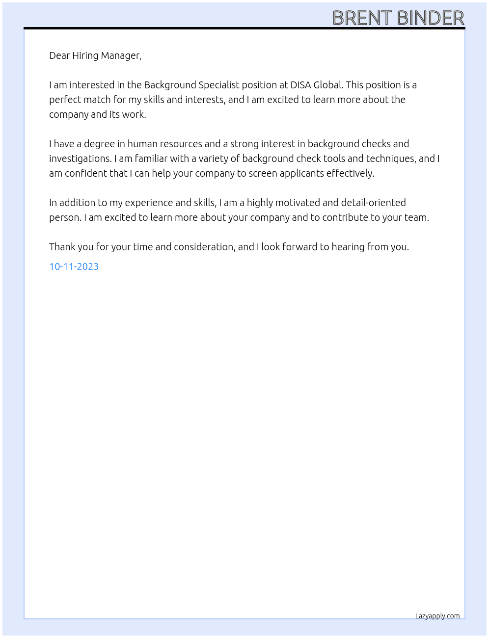 Background Specialist At DISA Global Cover Letter