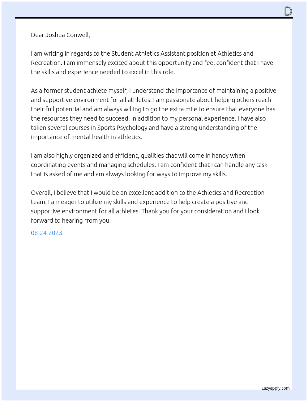Student Athletics Assistant At Athletics and Recreation Cover Letter