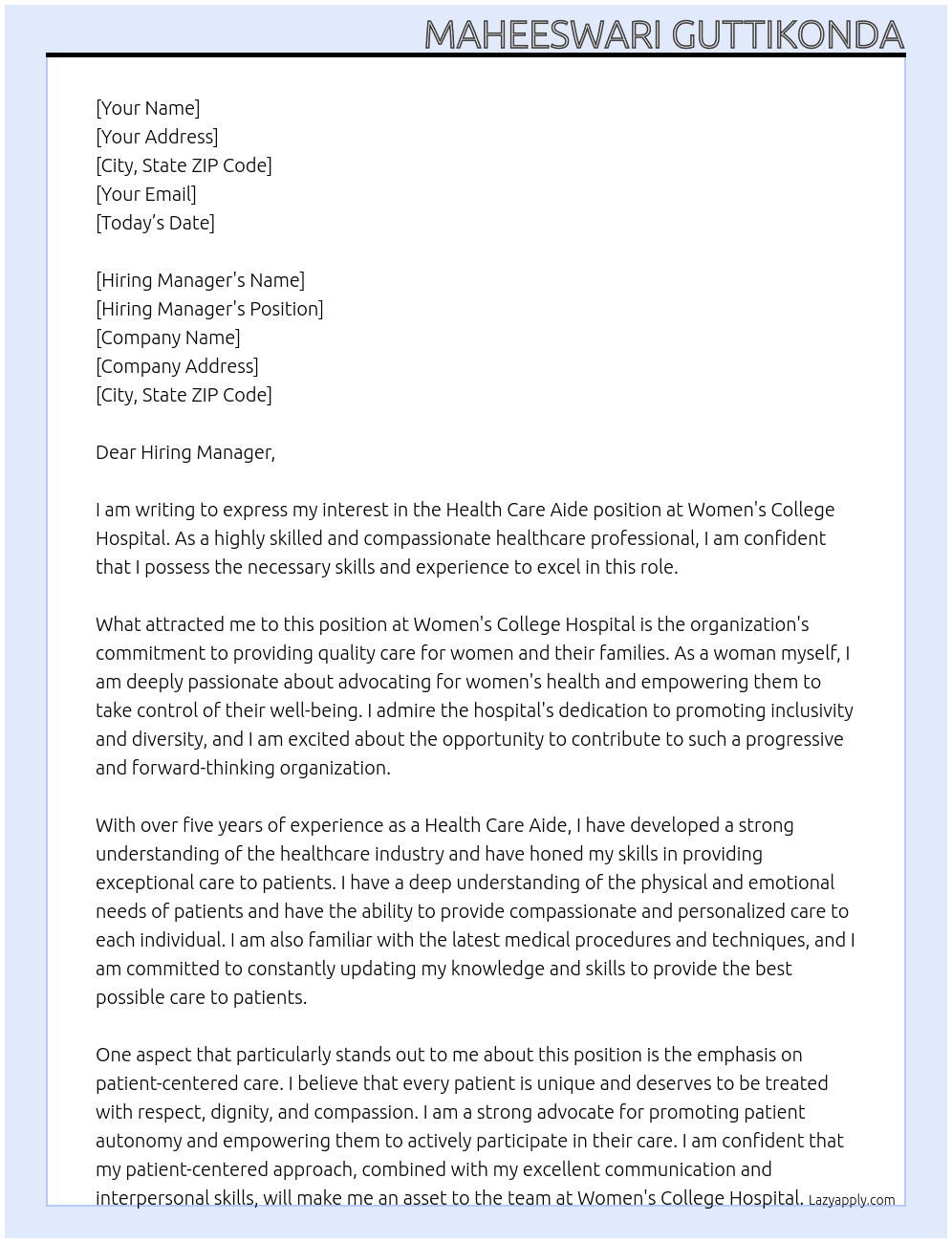 Health care aide At Women's College Hospital Cover Letter