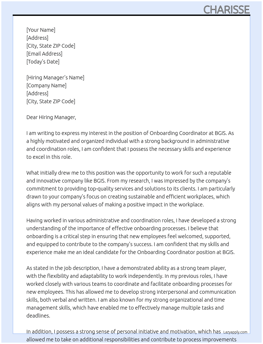 Onboarding Coordinator At BGIS Cover Letter