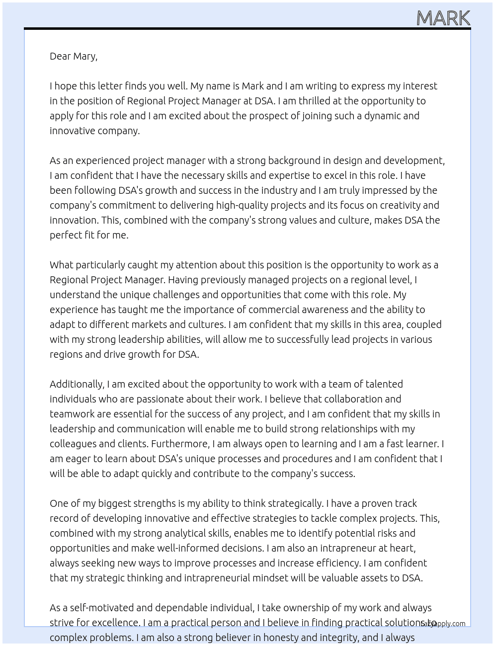 regional project manager At dsa Cover Letter