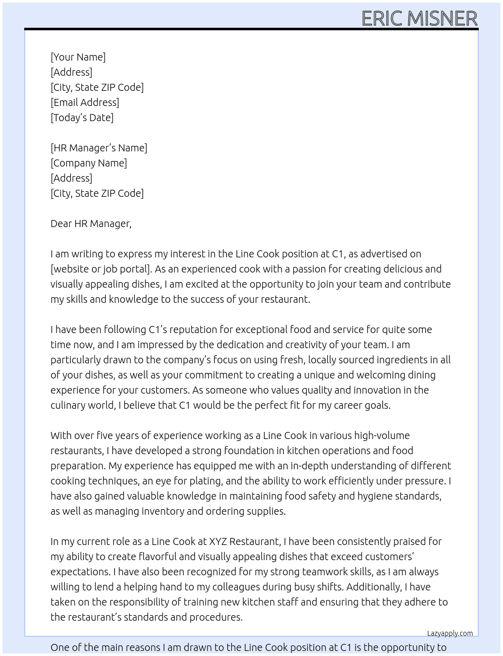 Line Cook At C1 Cover Letter