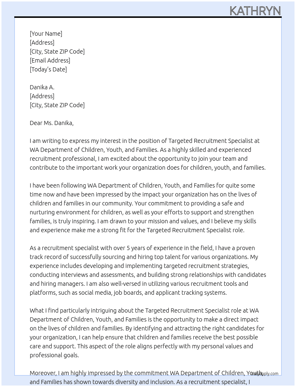 Targeted Recruitment Specialist At WA Department of Children, Youth, and Families Cover Letter