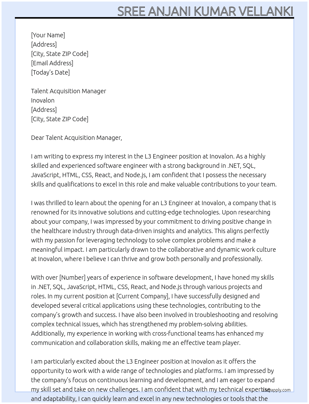 L3 Engineer At Inovalon Cover Letter
