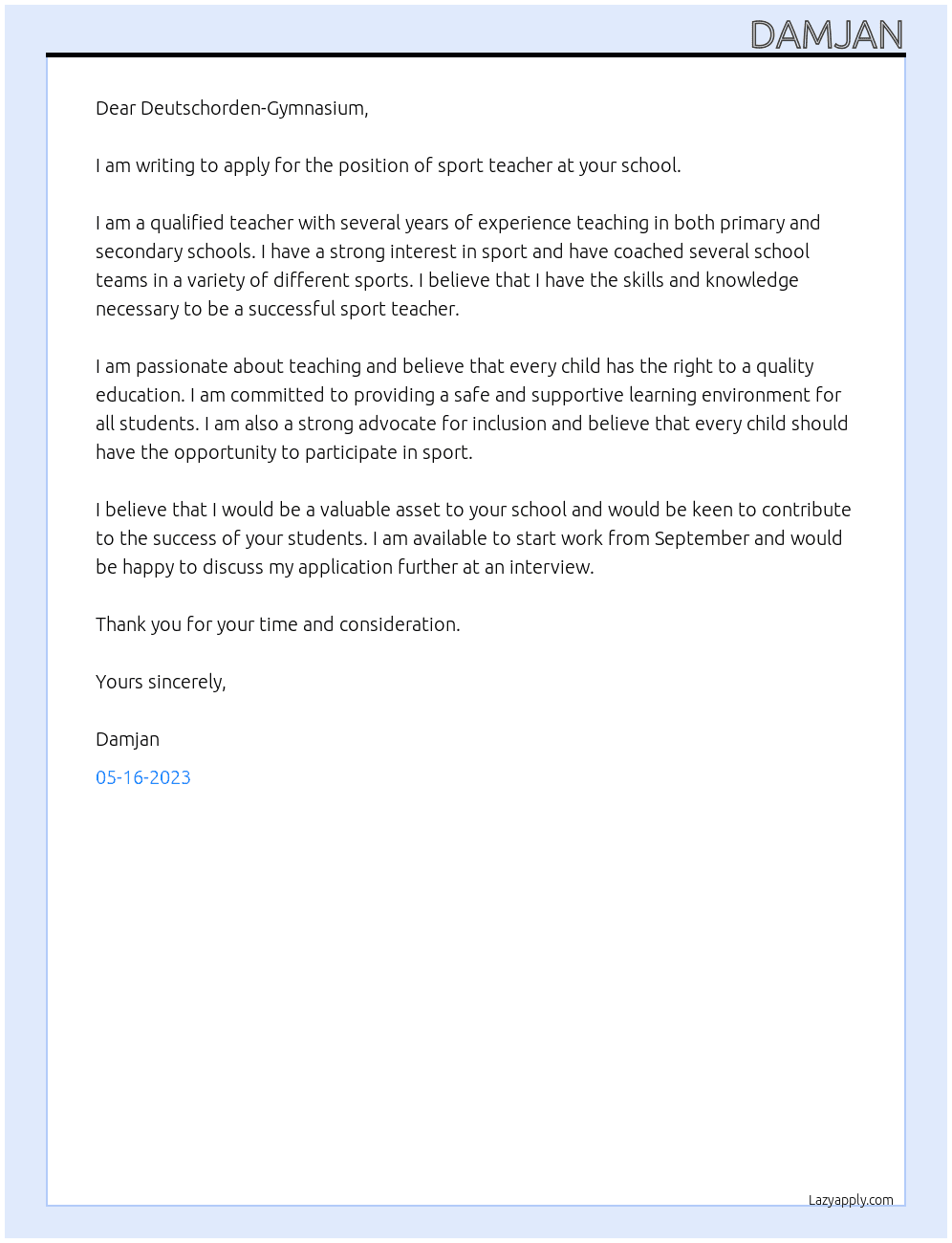 sport teacher At Deutschorden-Gymnasium Cover Letter