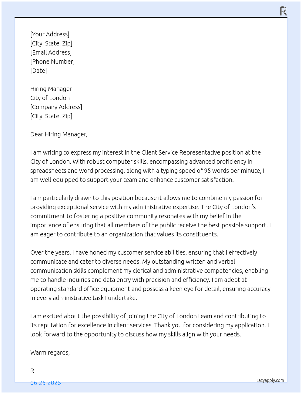 Client Service Representative At City of London Cover Letter