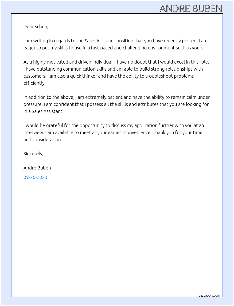 Sales assistant At Schuh Cover Letter