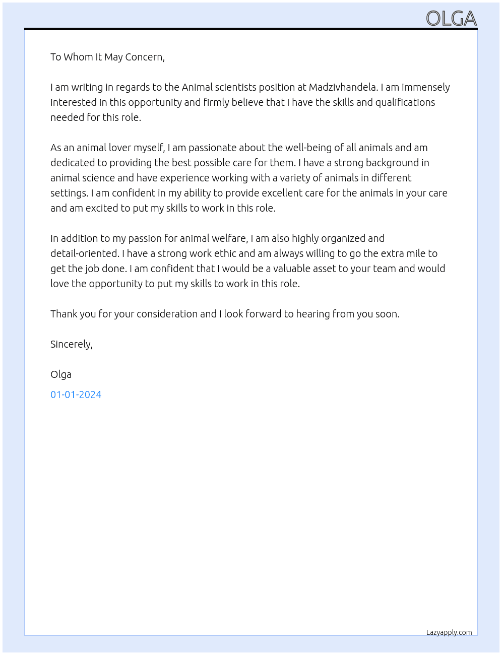 Animal scientists  At Madzivhandela  Cover Letter