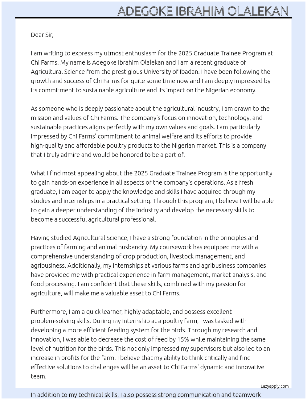 Apply to 2025 Graduate trainee program  At Chi Farms Cover Letter