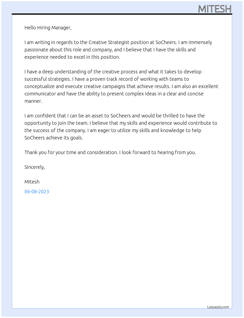 Creative Strategist  At SoCheers Cover Letter