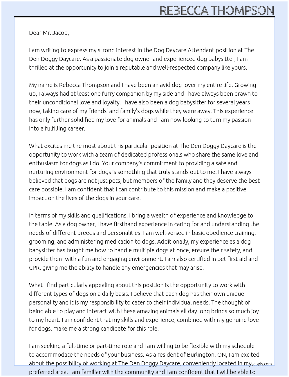 Dog Daycare attendant  At The Den Doggy Daycare Cover Letter