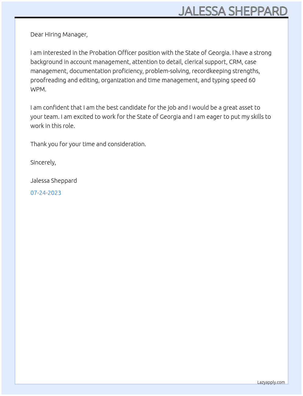 Probation Officer At State of Georgia Cover Letter