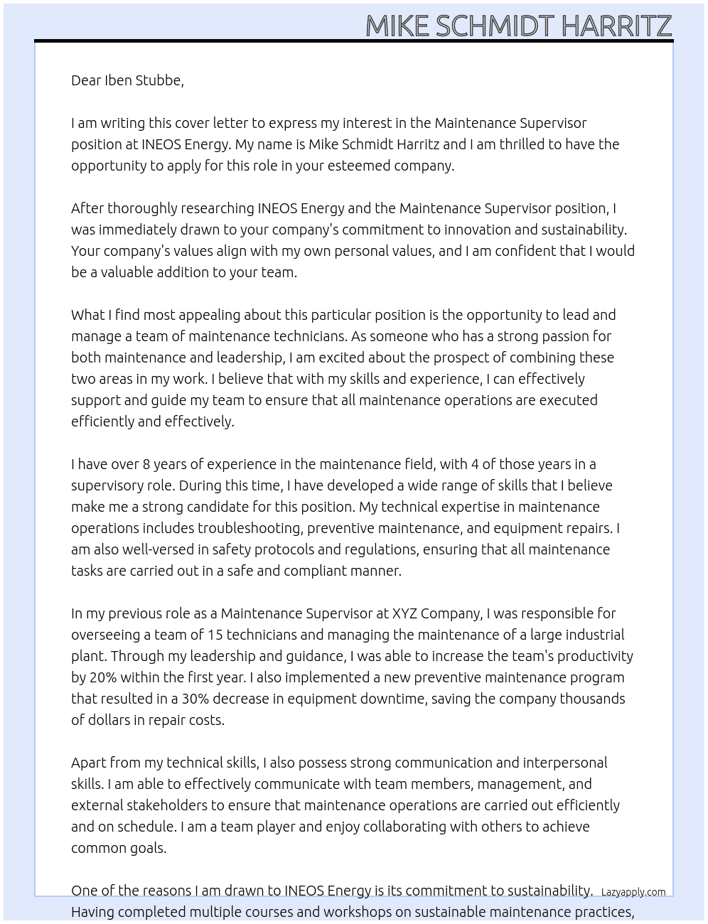 Maintenance Supervisor At INEOS Energy Cover Letter