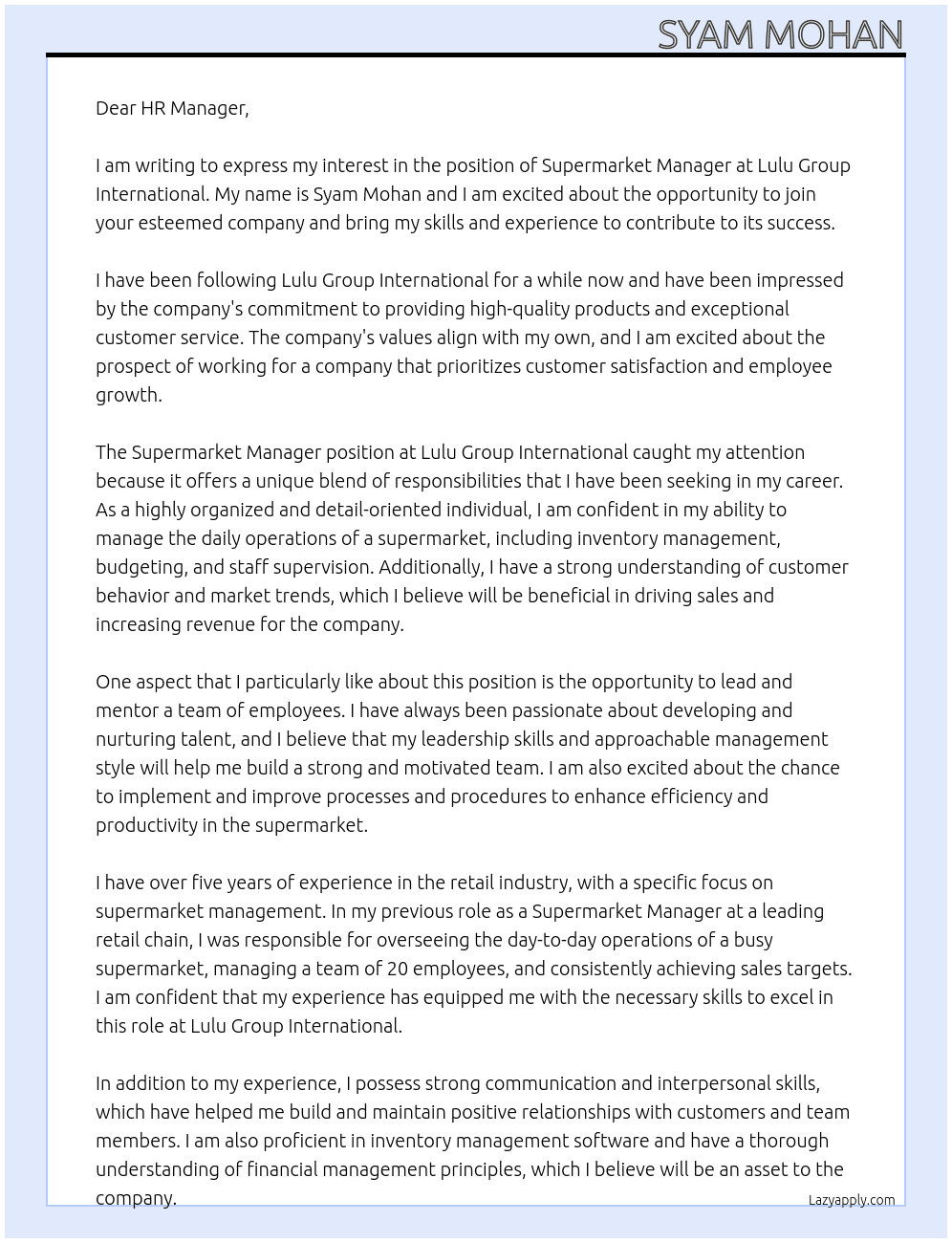 supermarket maanger At Lulu Group International Cover Letter