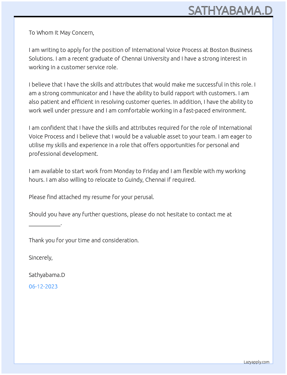 International voice process  At Boston Business Solution Cover Letter