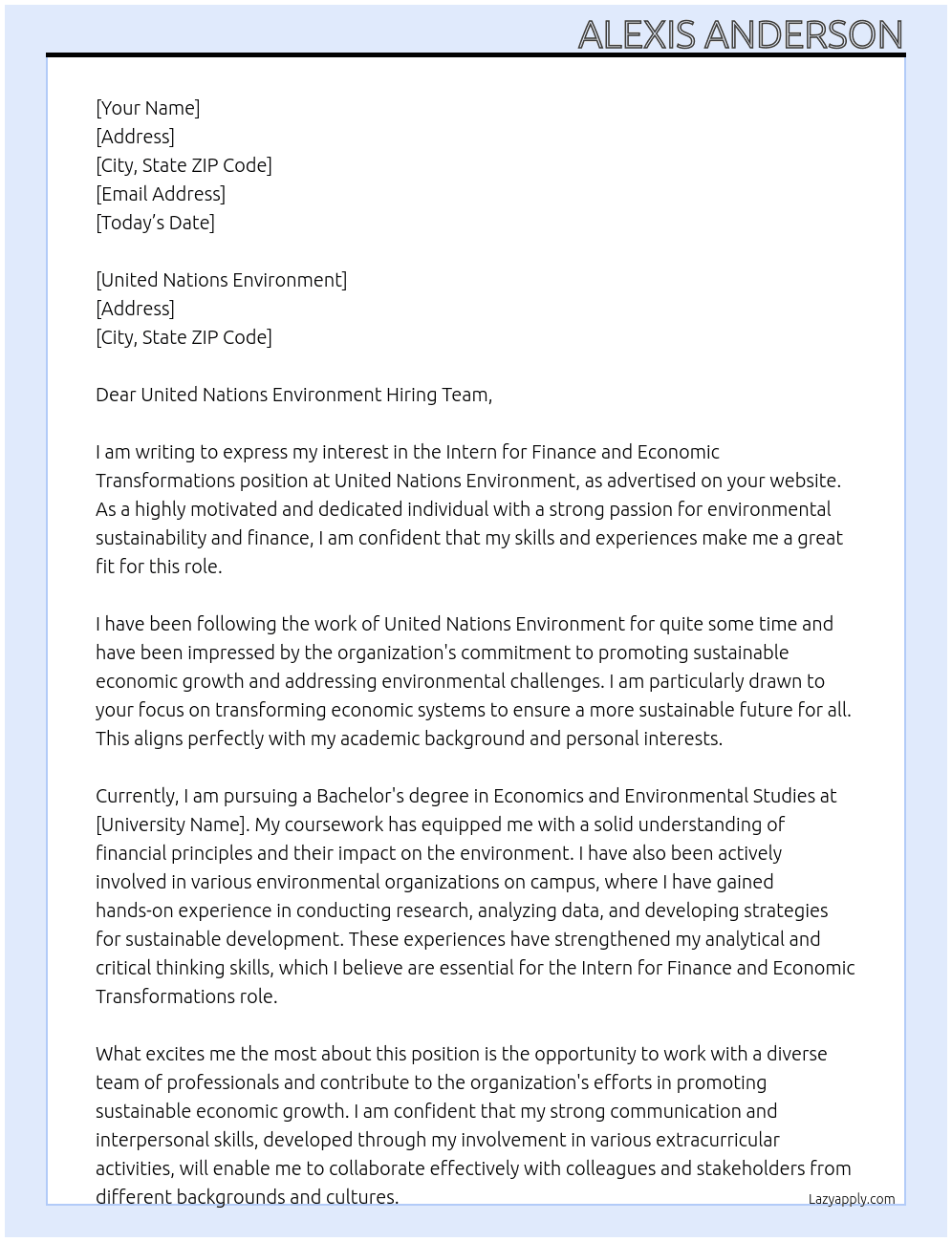 Cover letter for intern for finance and economic transformations - LazyApply