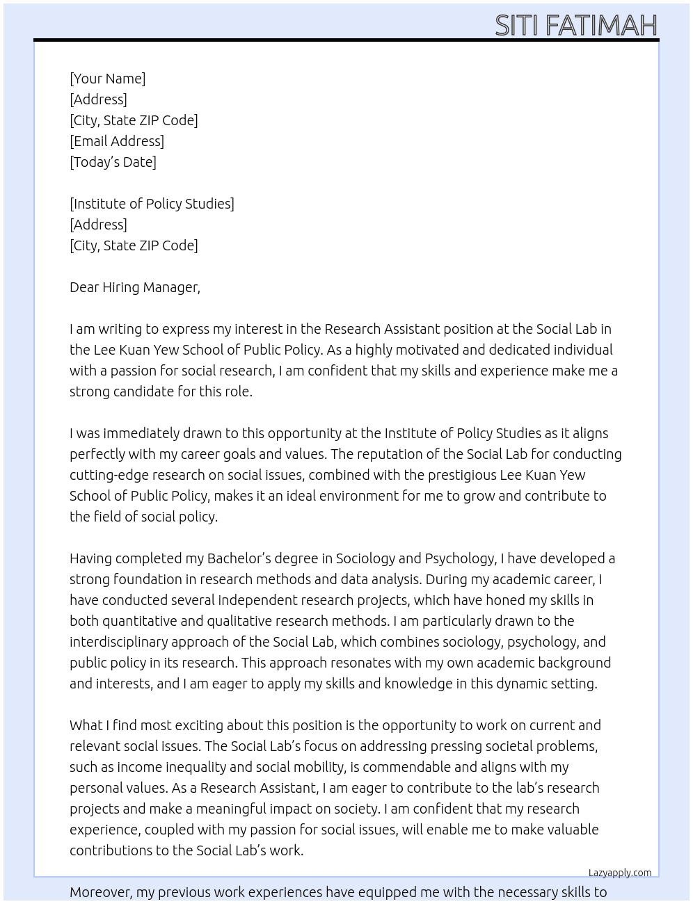 Research Assistant, Social Lab At Lee Kuan Yew School of Public Policy Cover Letter