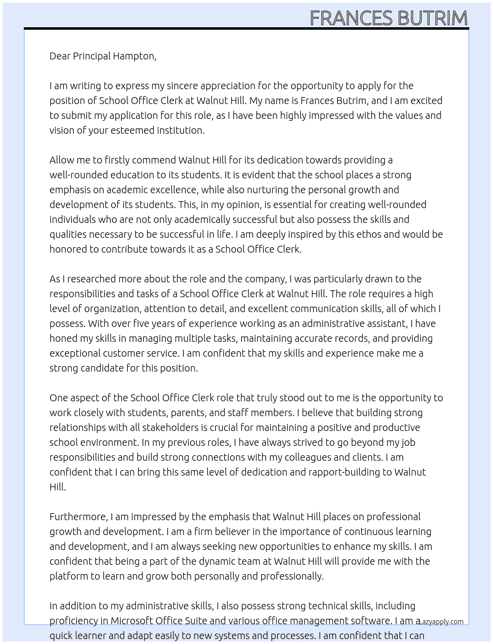 school office clerk At Walnut Hill Cover Letter