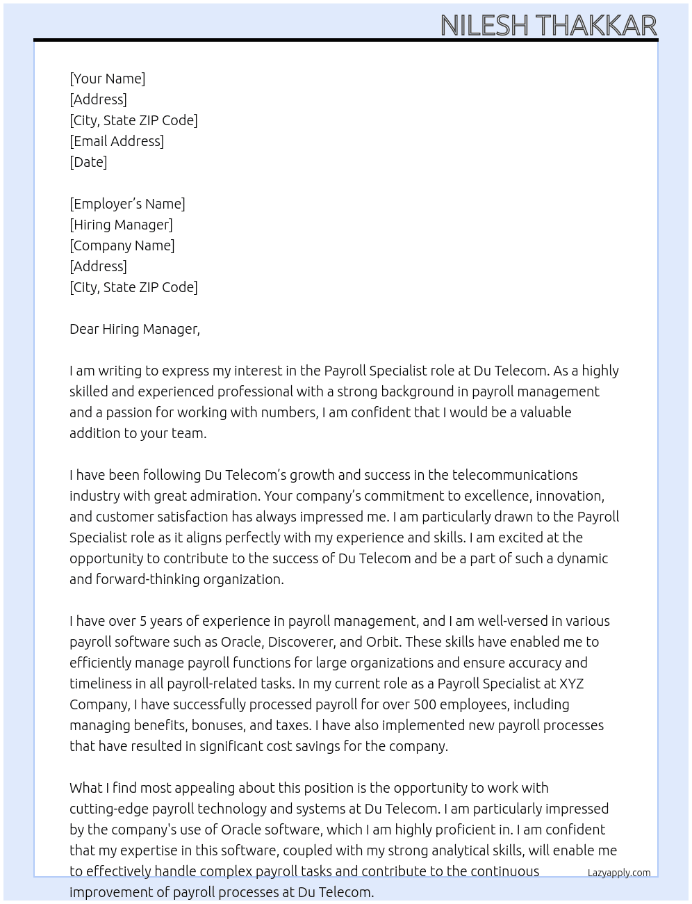 Payroll Specialist At Du Telecom Cover Letter