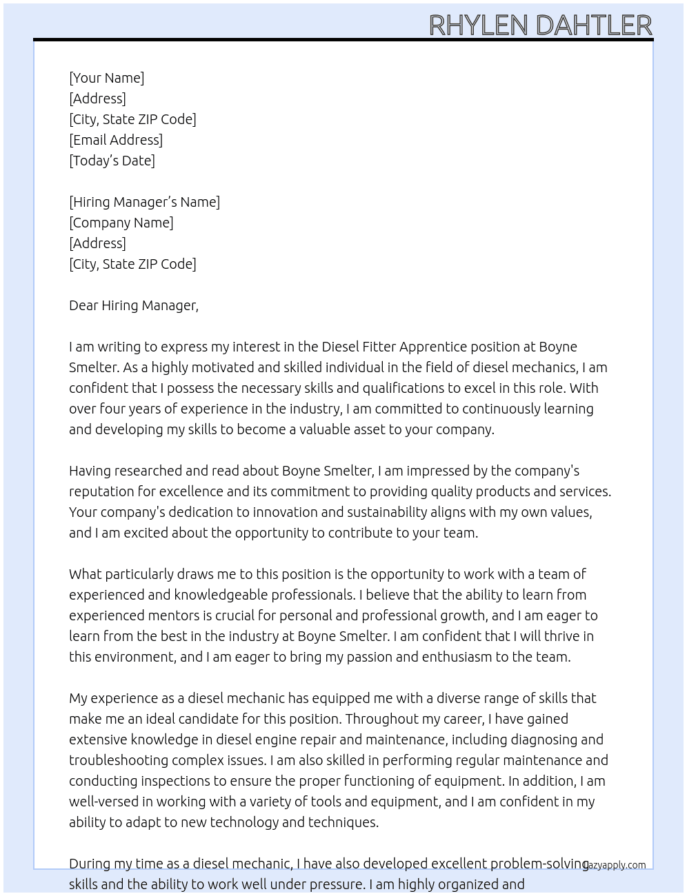 Diesel Fitter Apprentice At Boyne Smelter Cover Letter