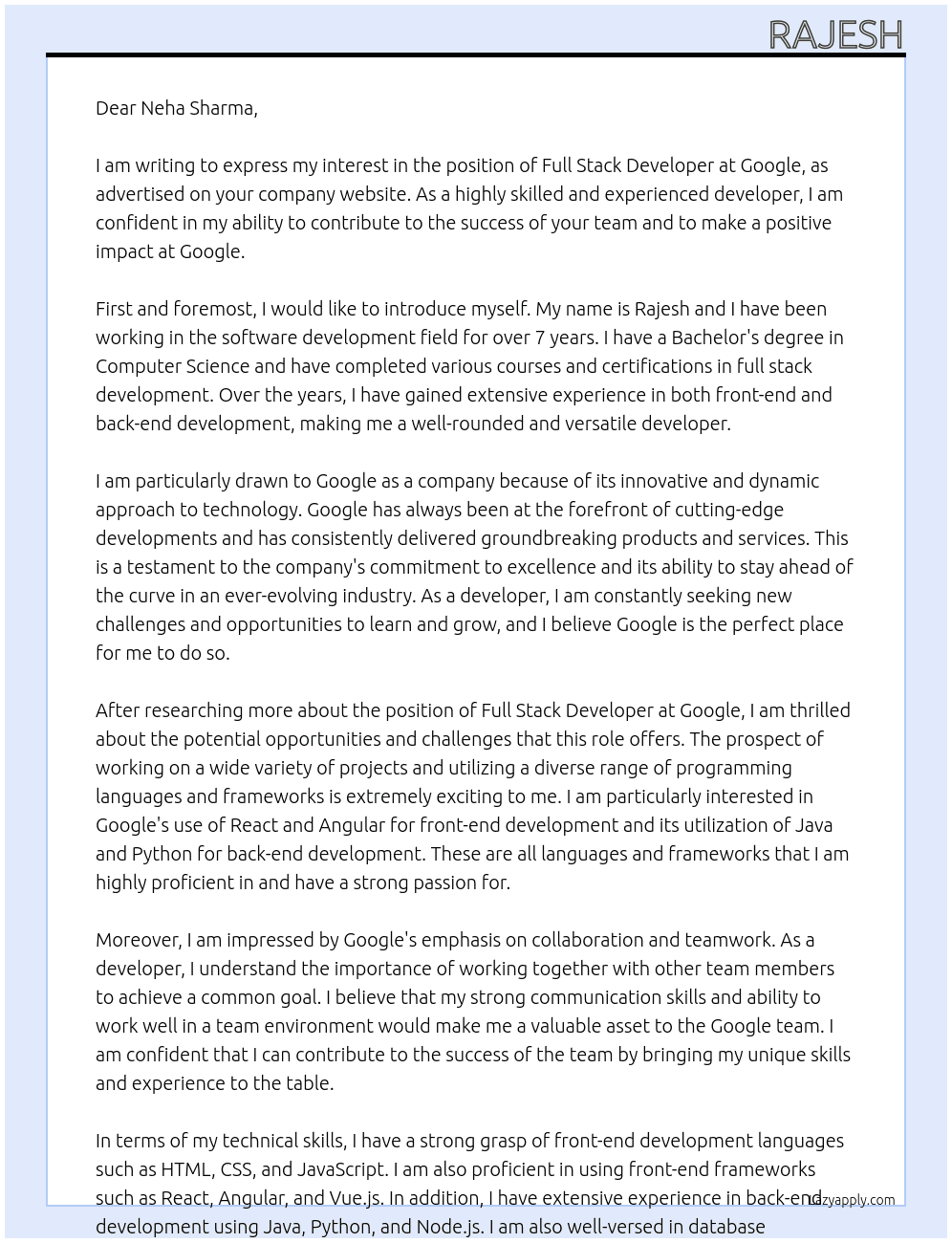 full stackk developre At google Cover Letter