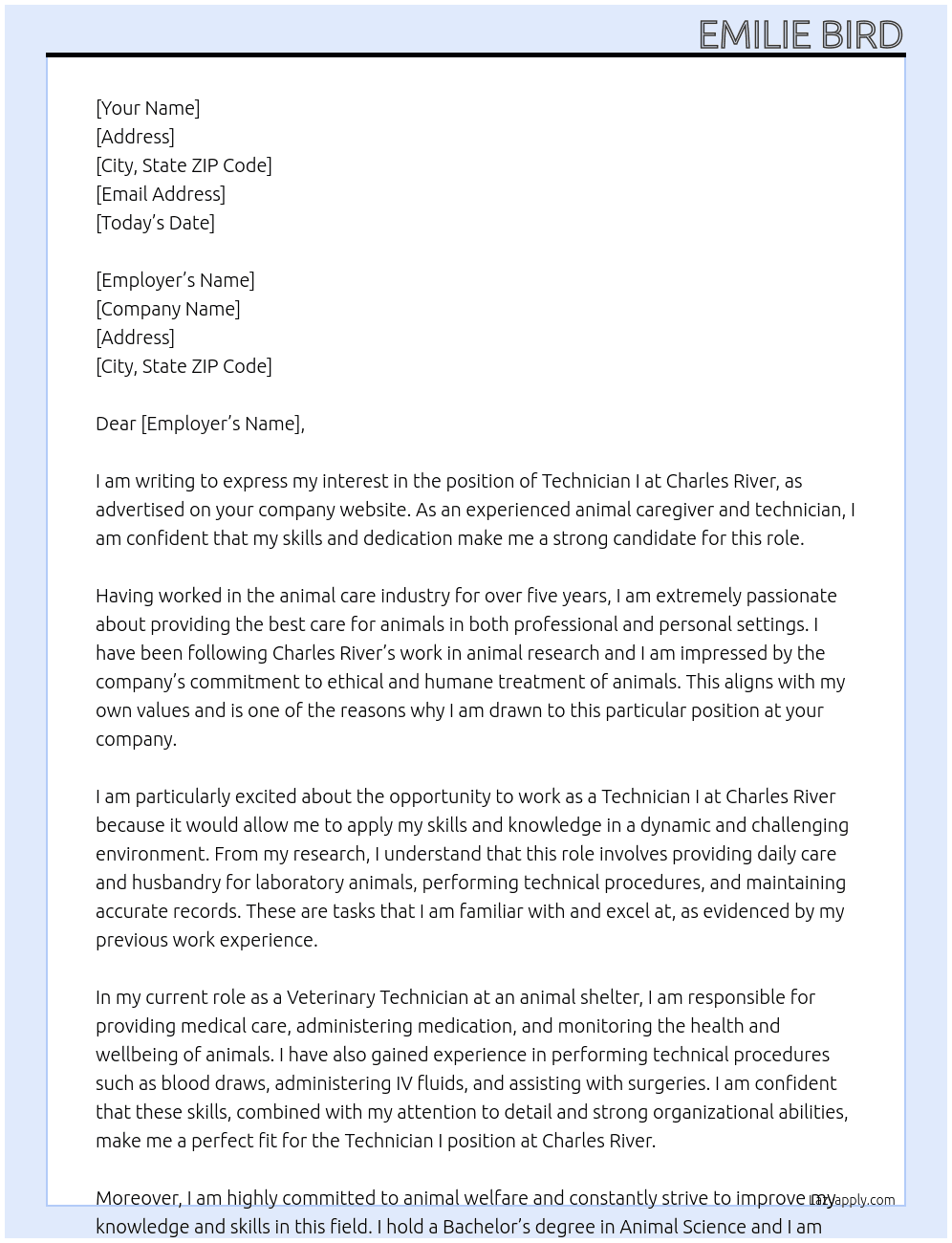 Technician I At Charles River Cover Letter