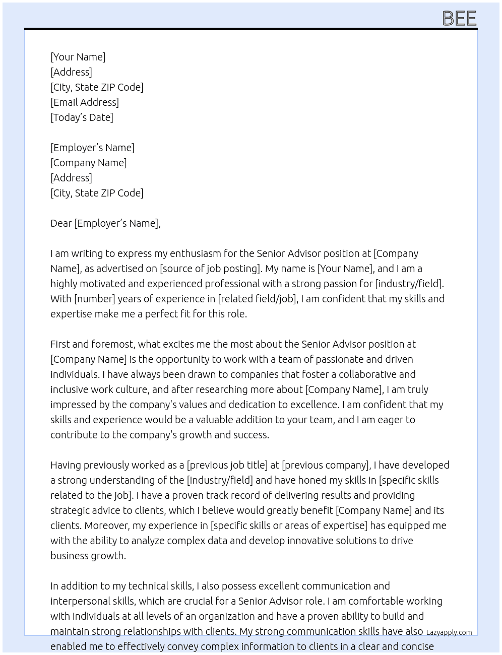 Senior Advisor At bee Cover Letter