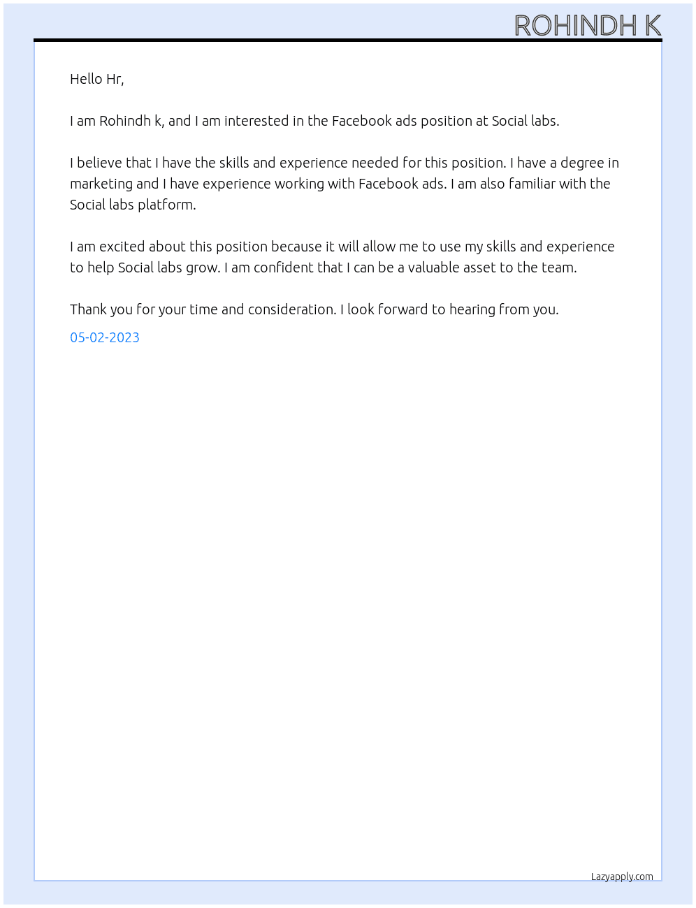 Facebook ads At Social labs Cover Letter