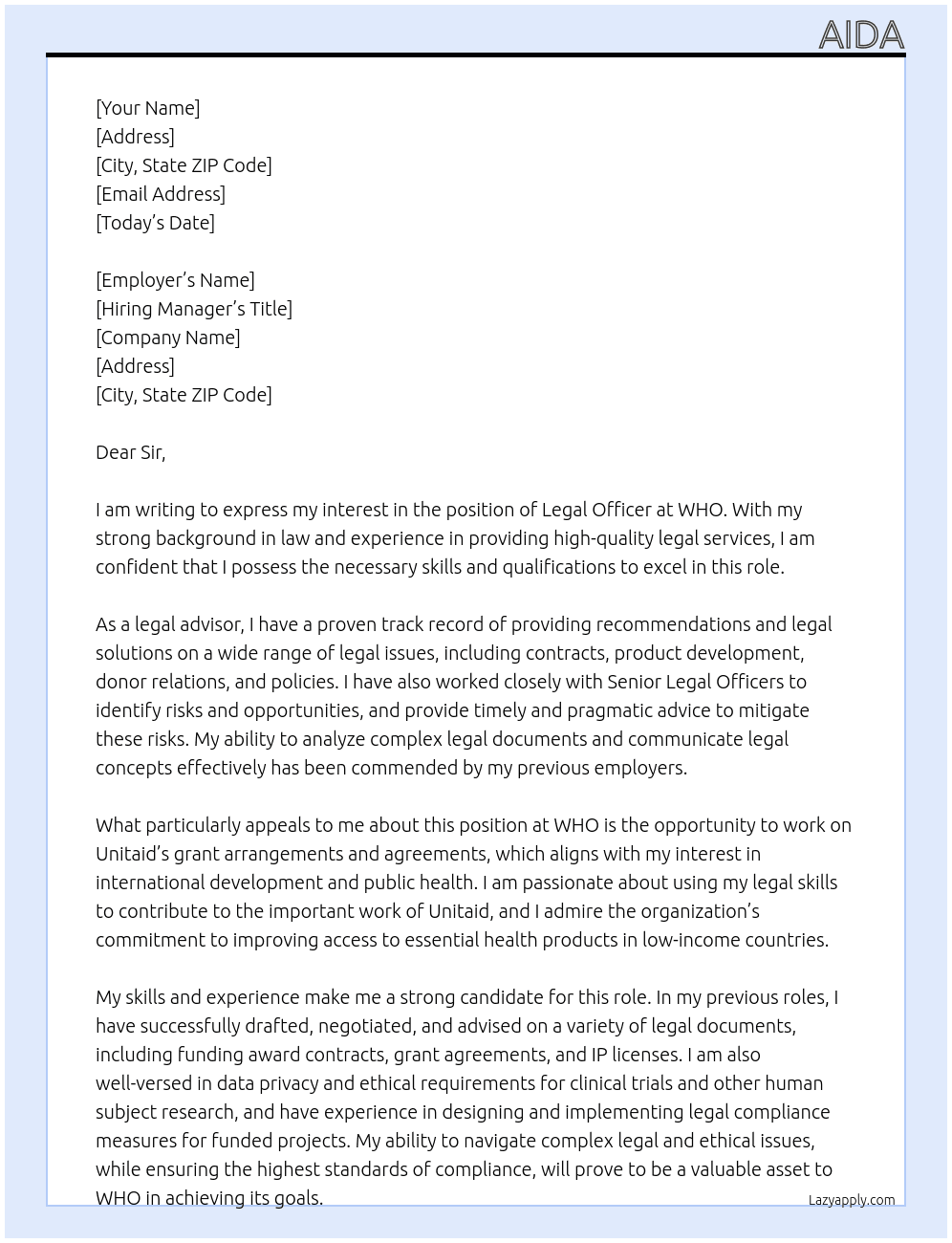 Legal Officer At WHO Cover Letter