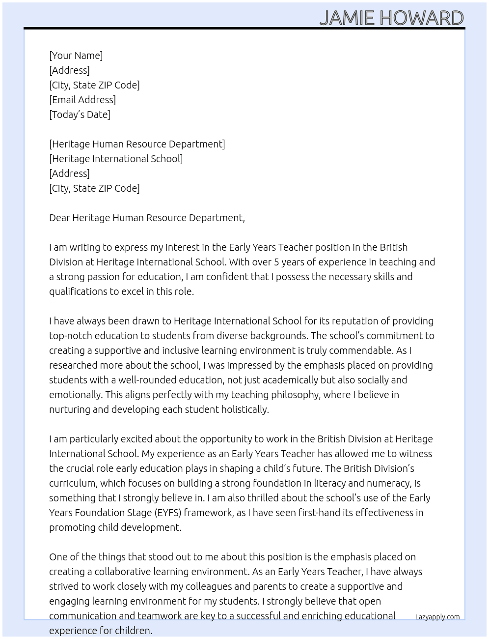 Early years teacher - British Division  At Heritage International School Cover Letter