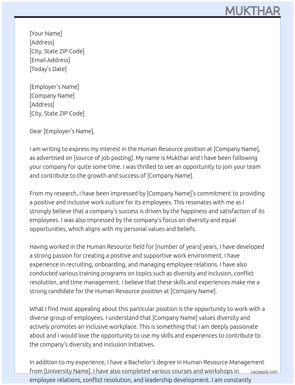Human Resource At abcde Cover Letter