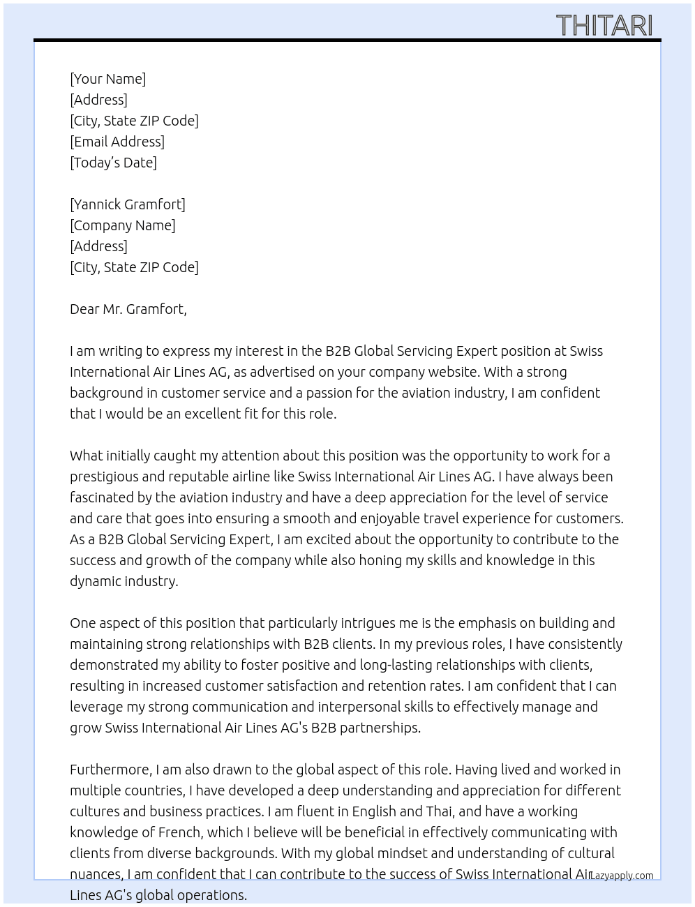 B2B Global Servicing Expert At Swiss International Air Lines AG Cover Letter