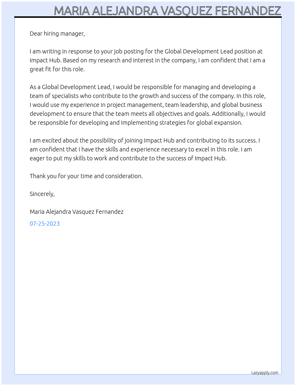 Global Development Lead At Impact Hub Cover Letter