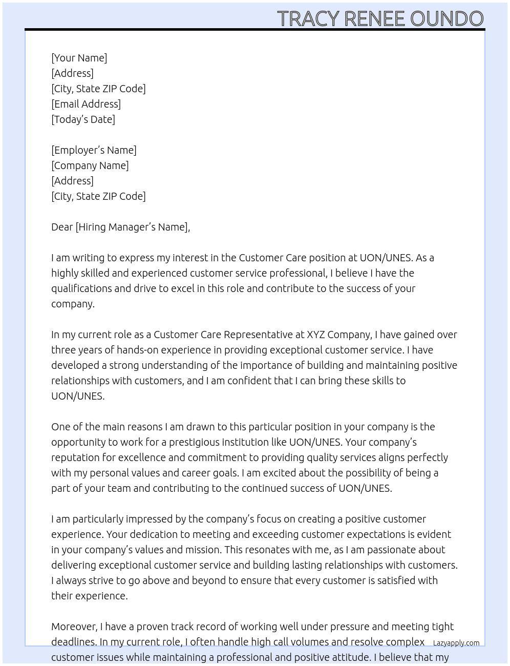 Customer care  At UON/UNES Cover Letter