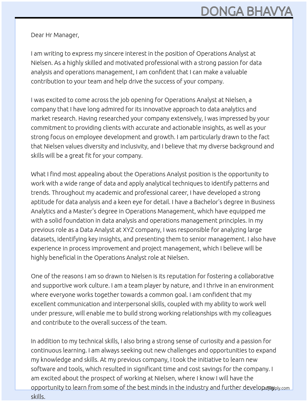 operations analyst At Nielsen Cover Letter