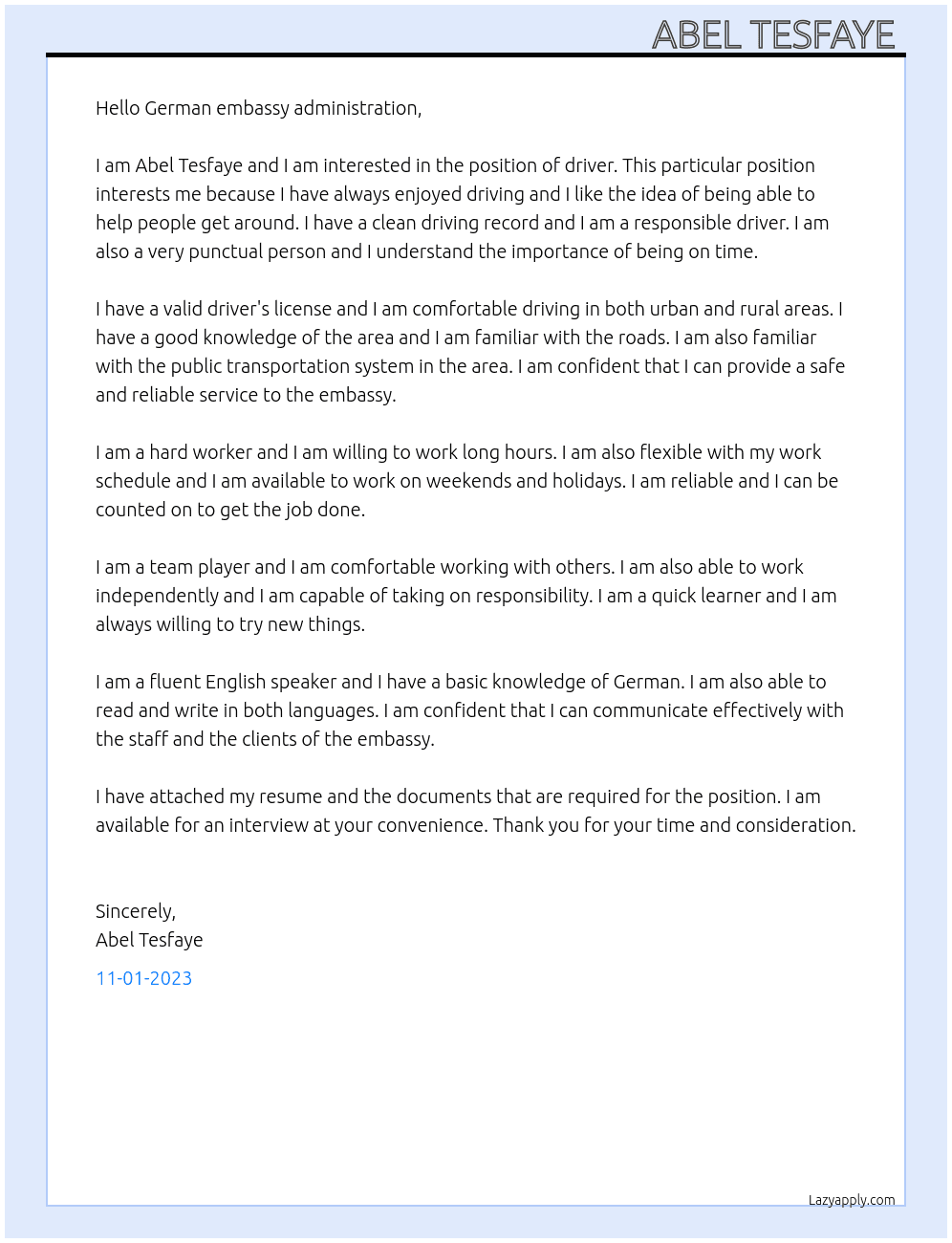Driver  At Embassy of the federal republic of German  Cover Letter