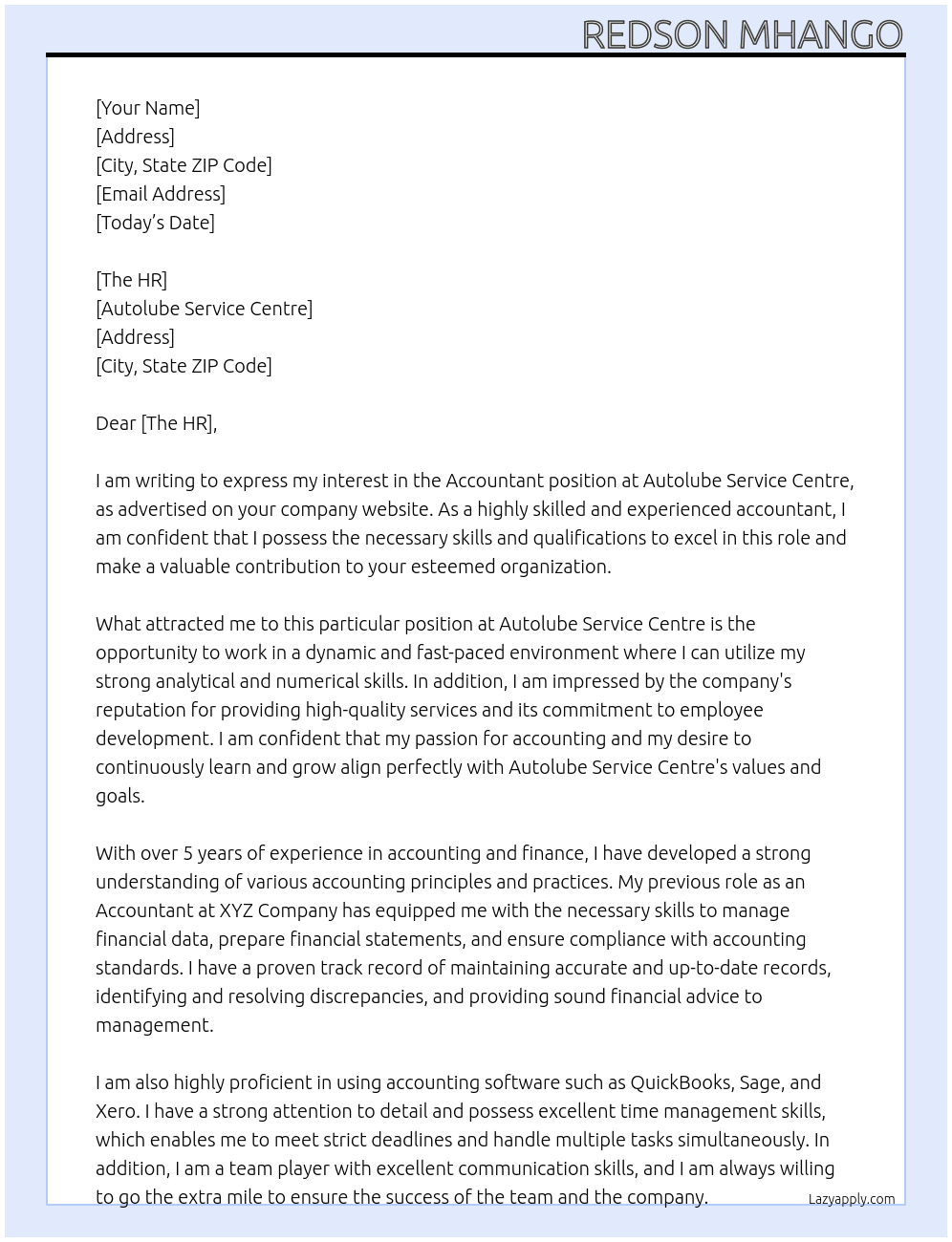 Accountant At Autolube Service Centre Cover Letter