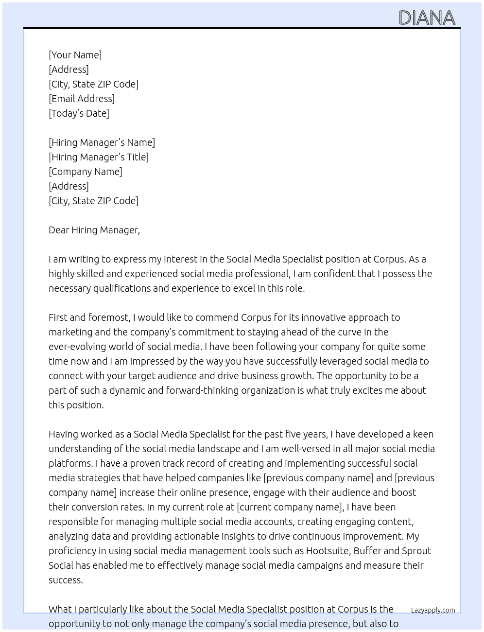 Social Media Specialist At Corpus Cover Letter