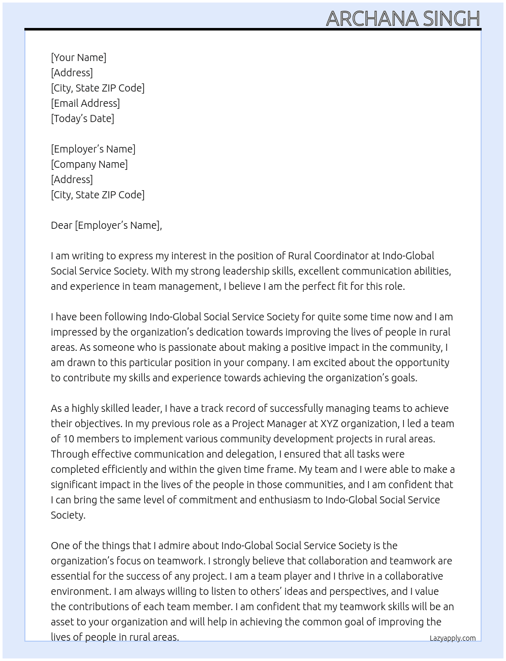 Rural coordinator At Indo-Global Social Service Society Cover Letter