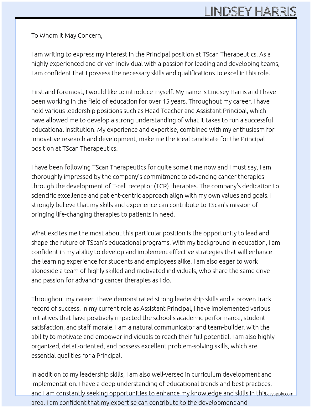 Principal At TScan Therapeutics Cover Letter