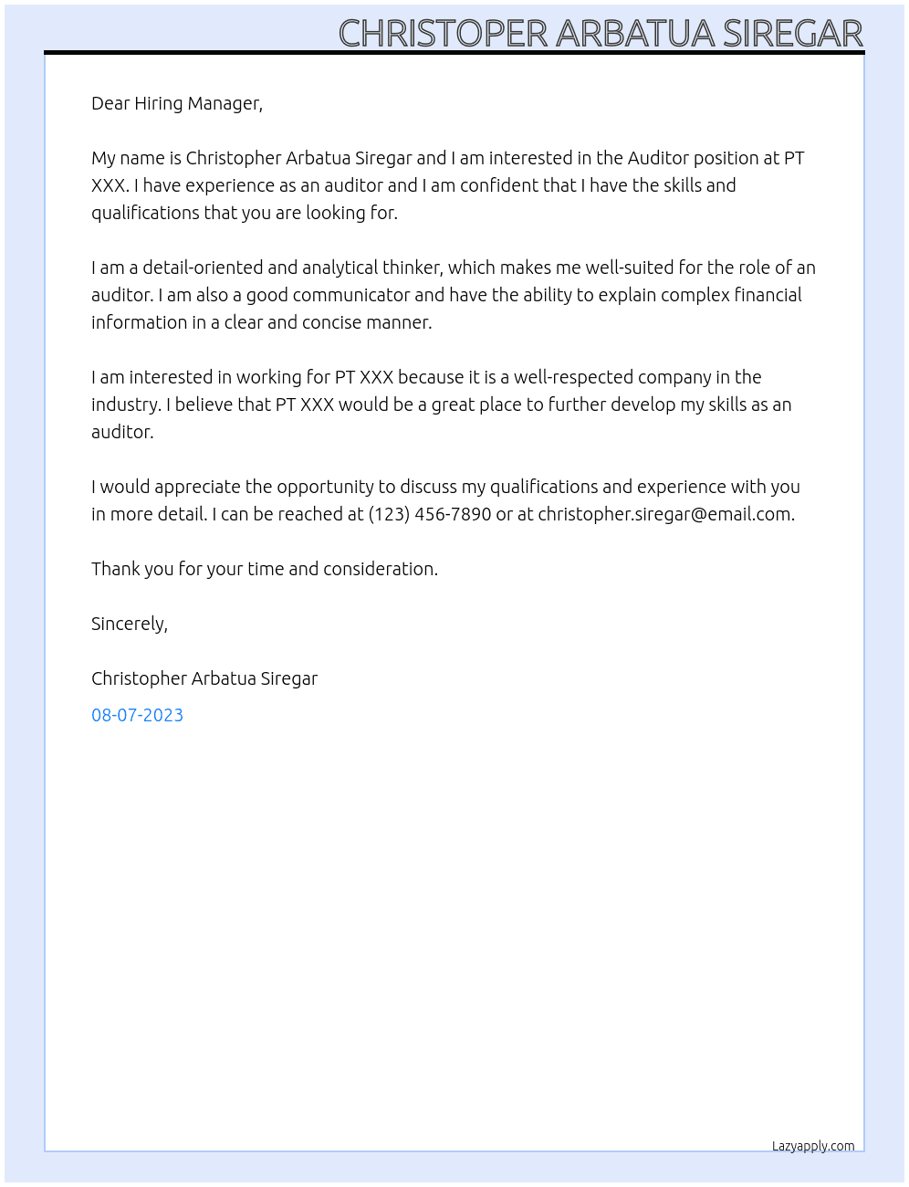Auditor At PT XXX Cover Letter