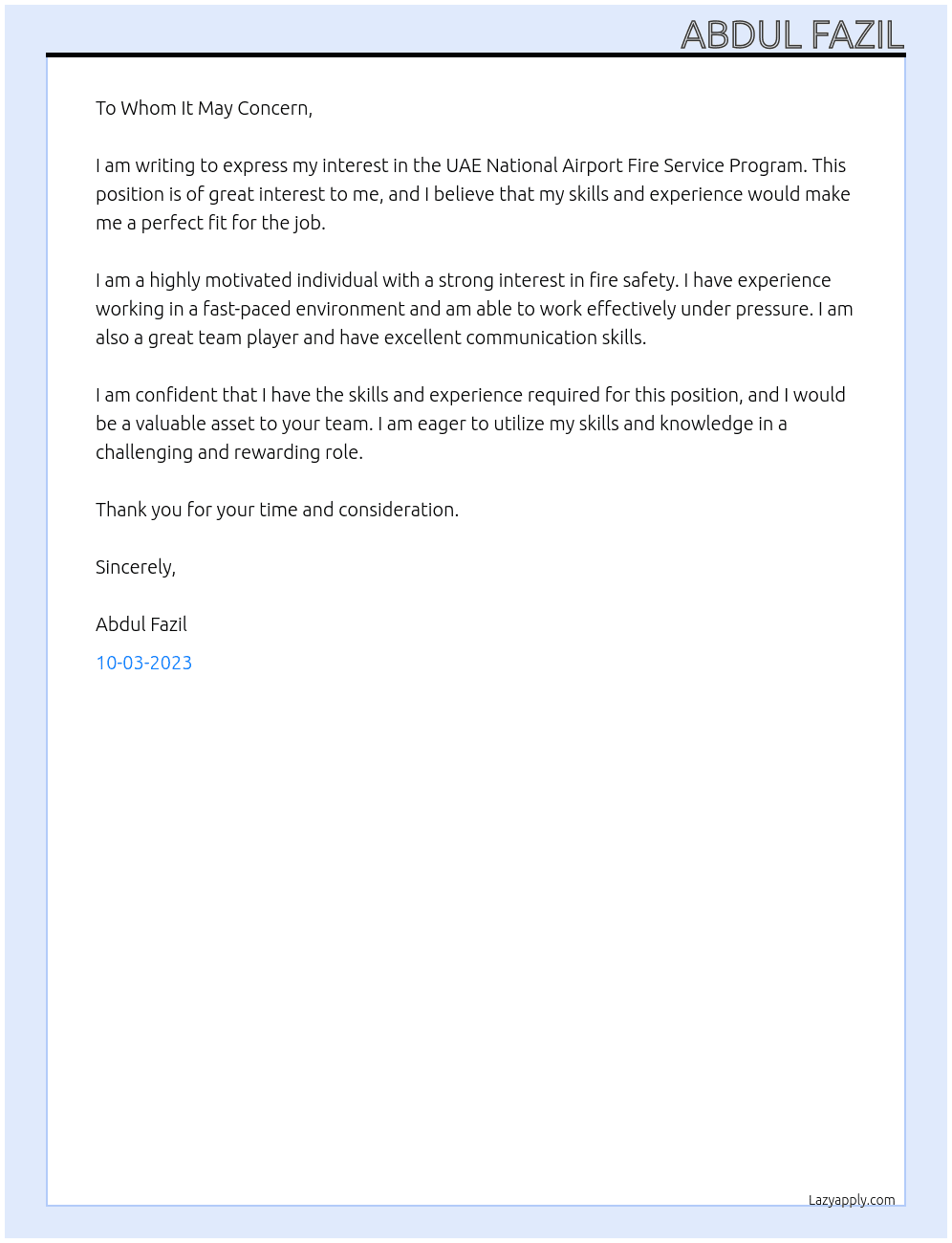 UAE National Airport Fire Service Program At UAE National Airport Fire Service Cover Letter