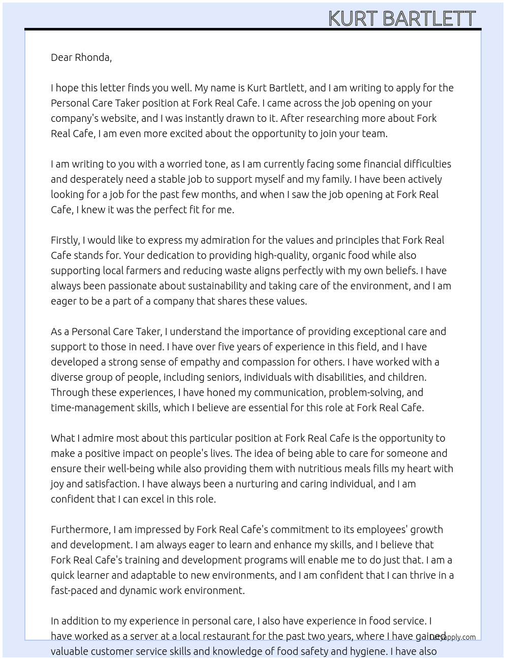 Personal Care Taker At Fork Real Cafe  Cover Letter