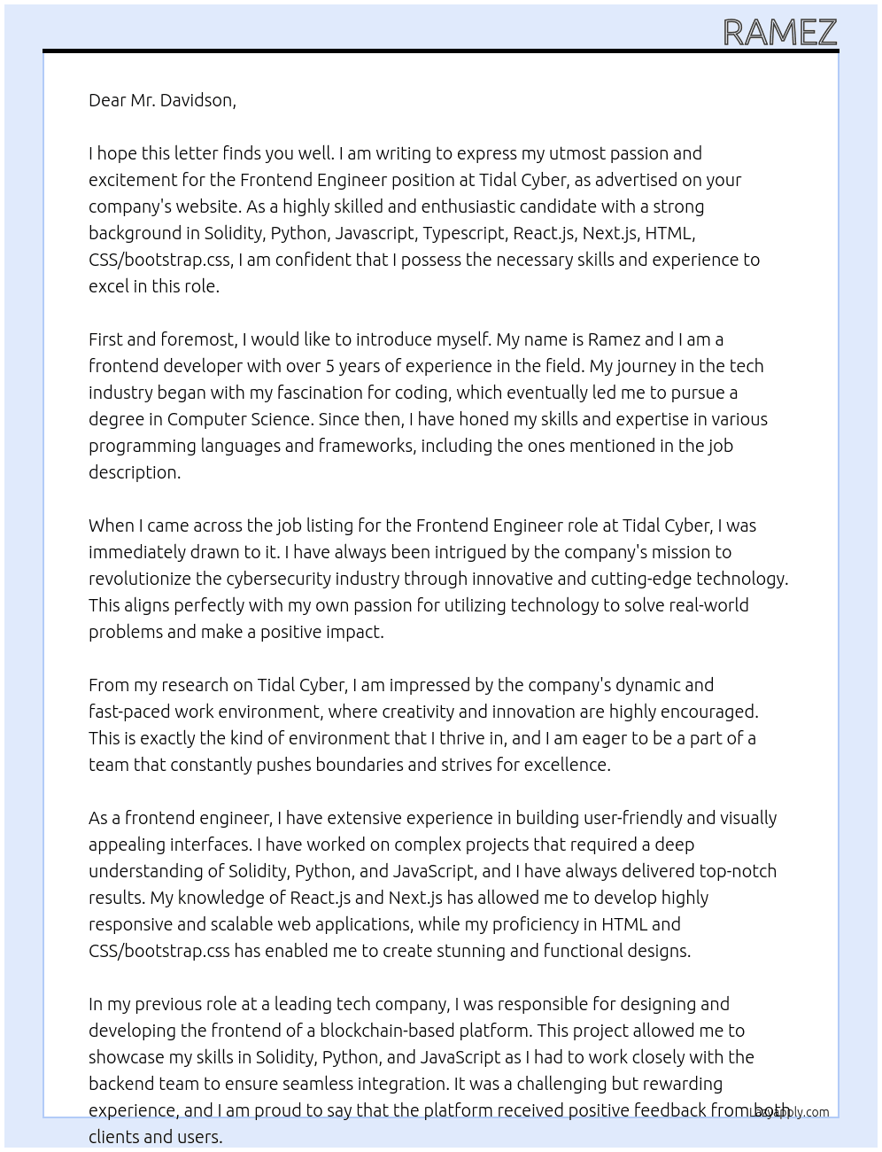 Frontend Engineer At Tidal Cyber Cover Letter