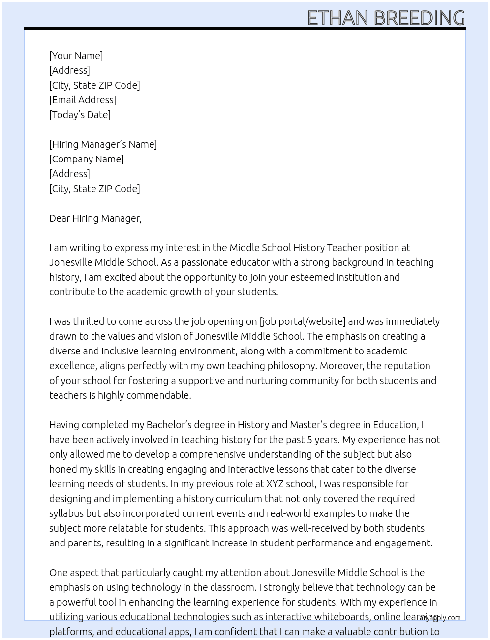 Middle School History Teacher At Jonesville Middle School Cover Letter