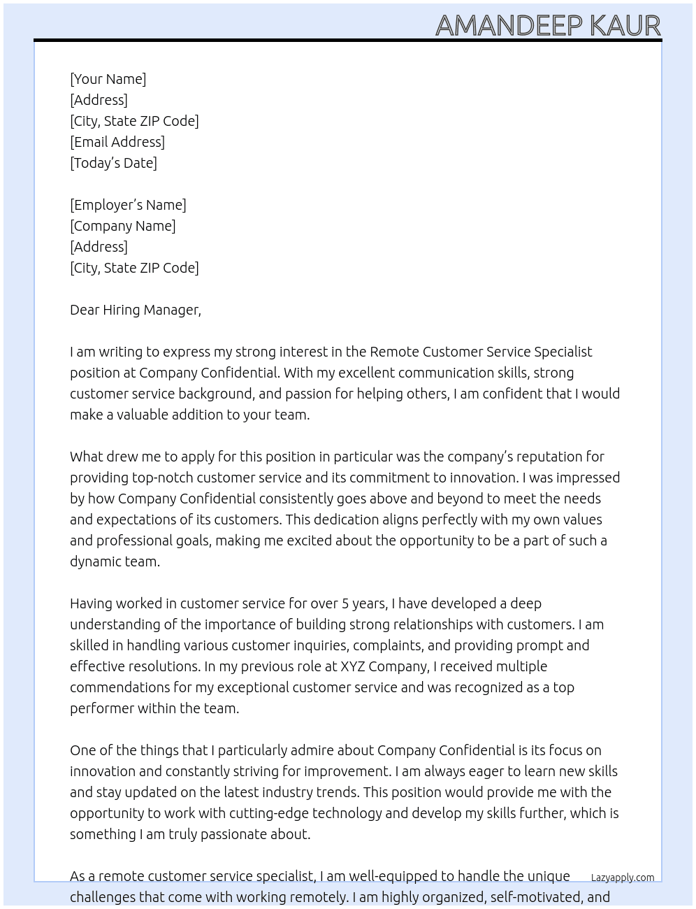 Remote Customer service specialist At Company Confidential Cover Letter