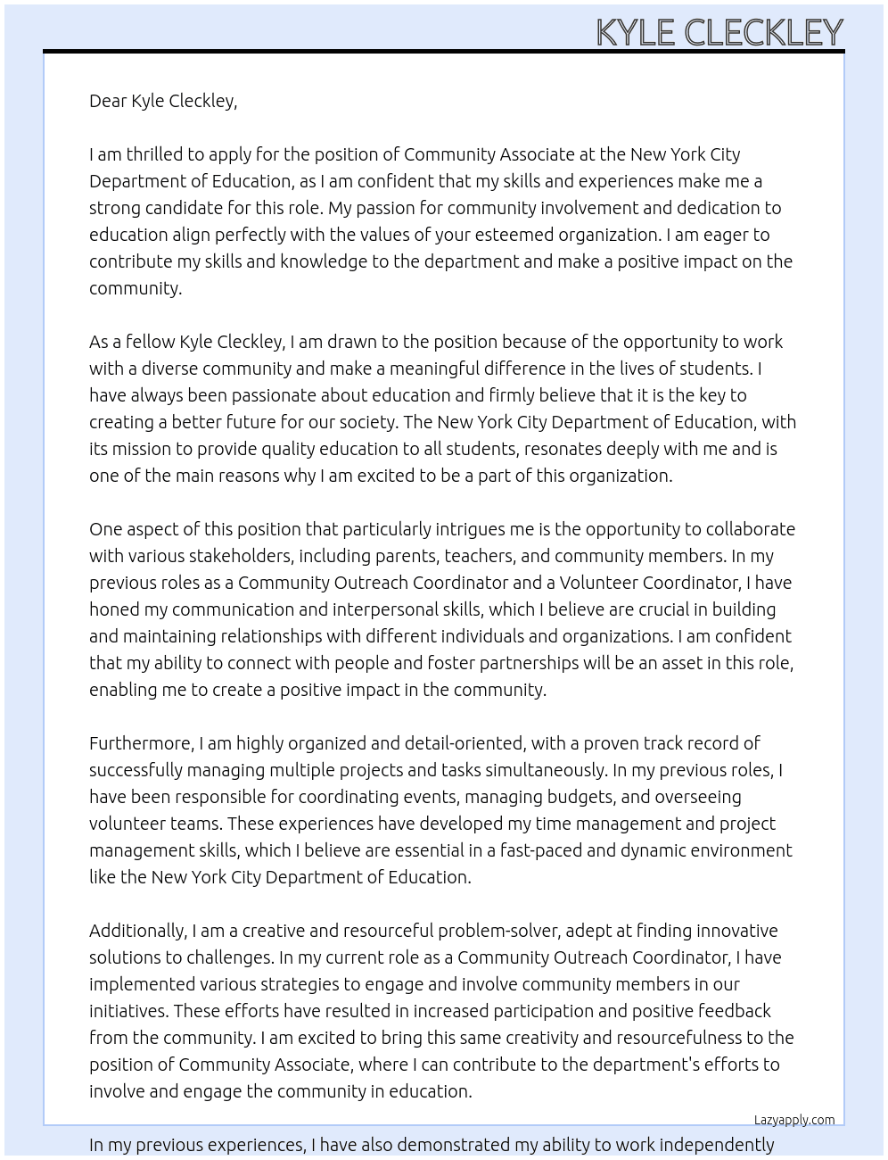Community Associate At New York City Department of Education Cover Letter