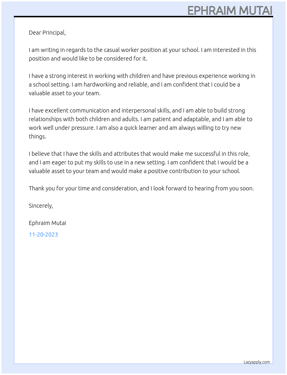 CASUAL WORKER AT SCHOOL At SOT TTI CASUAL WORKER Cover Letter