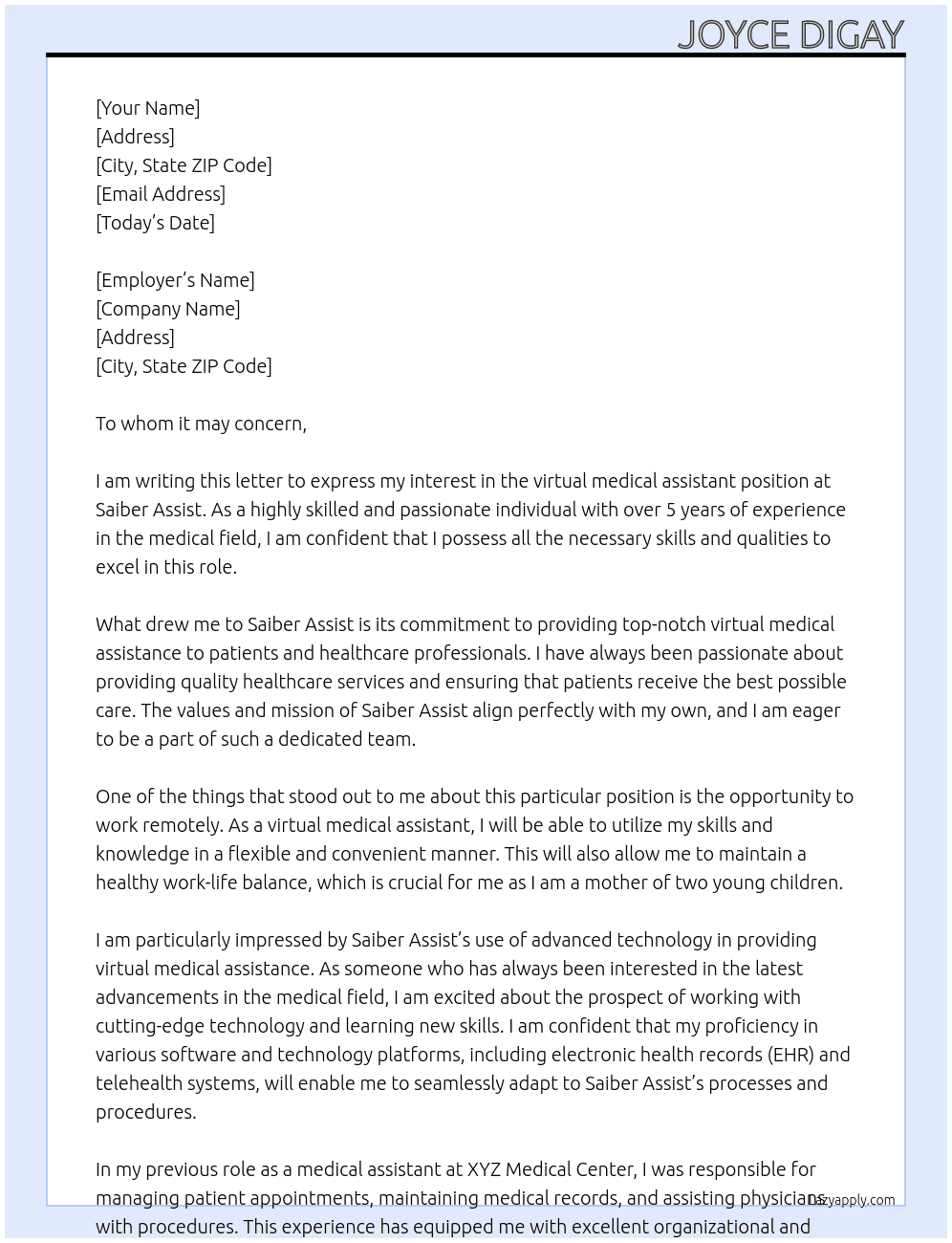 virtual medical assistant  At Saiber assist Cover Letter