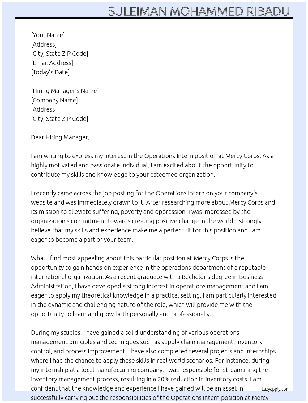 Operations Intern  At Mercy corps Cover Letter